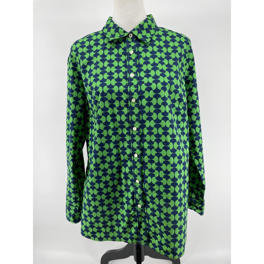 Talbots Button Down Shirt Womens Large Kelly Green Navy 100% Cotton Art Deco
